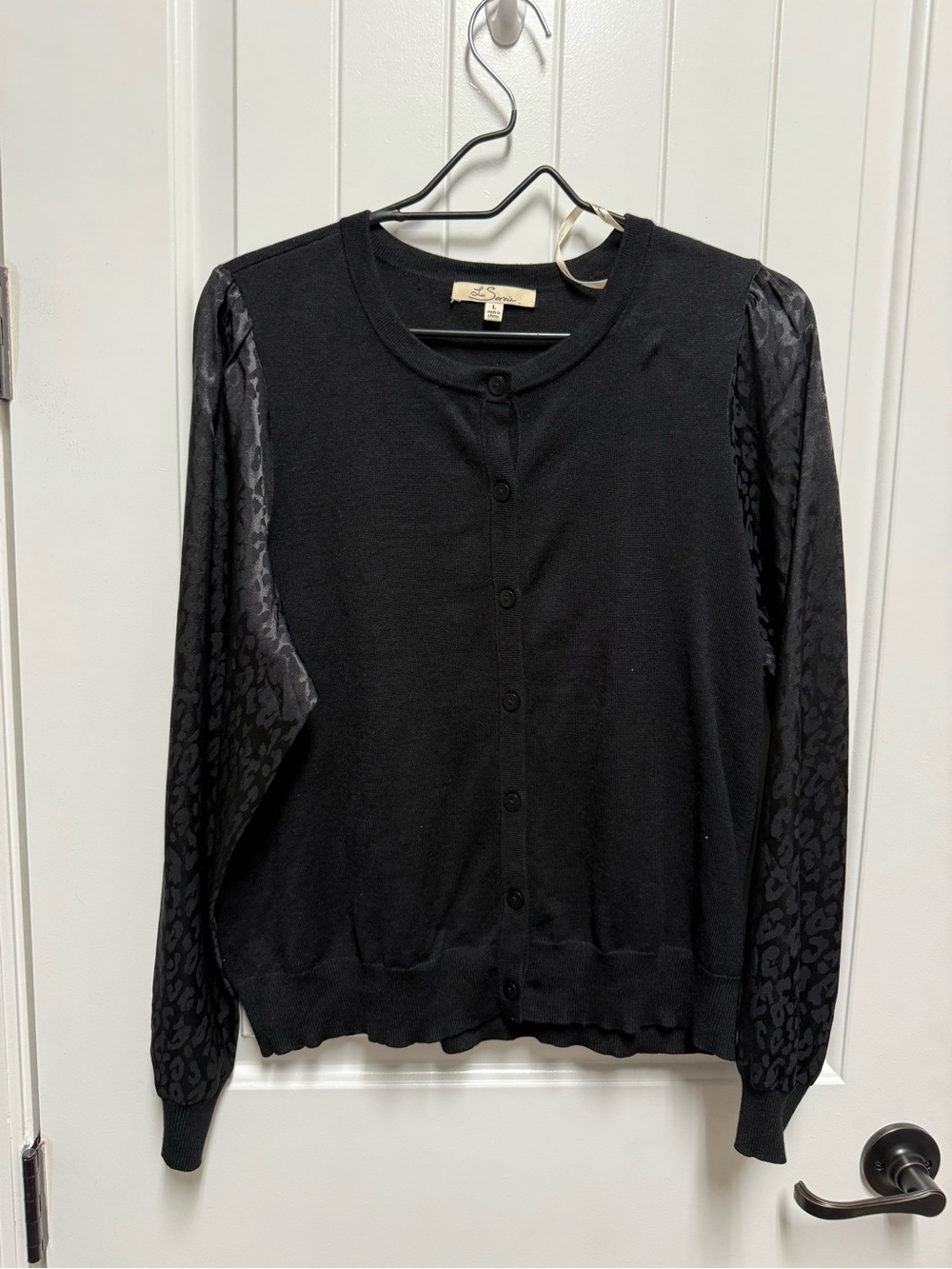 Black Button-Front Cardigan with Leopard/Cheetah Patterned Satin Sleeves